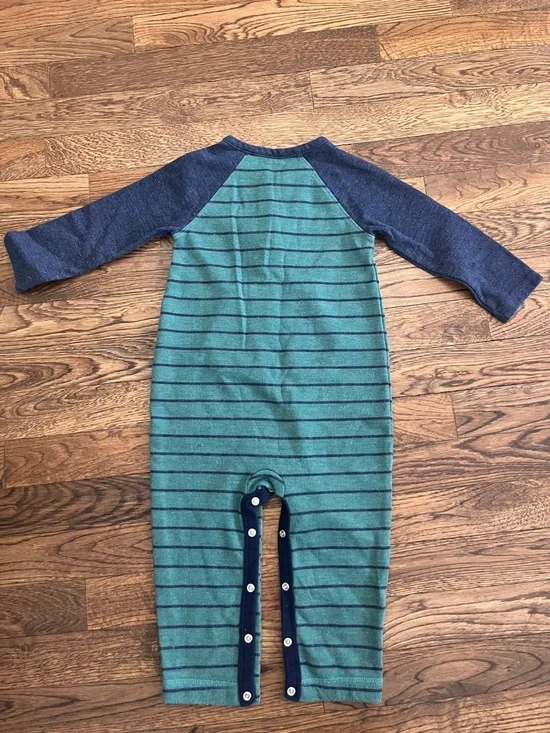 GAP Green Striped Onesie with Navy Raglan Sleeves - Picture 4 of 6